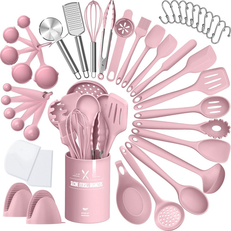 Silicone Cooking Kitchen Utensil Set AIKKIL 43 Pcs Pink Cooking Utensils Set Turner Tongs Spoon Spatula Kitchen Gadgets Tools Set For Nonstick Cookware Heat Resistant Dishwasher BPA Free
