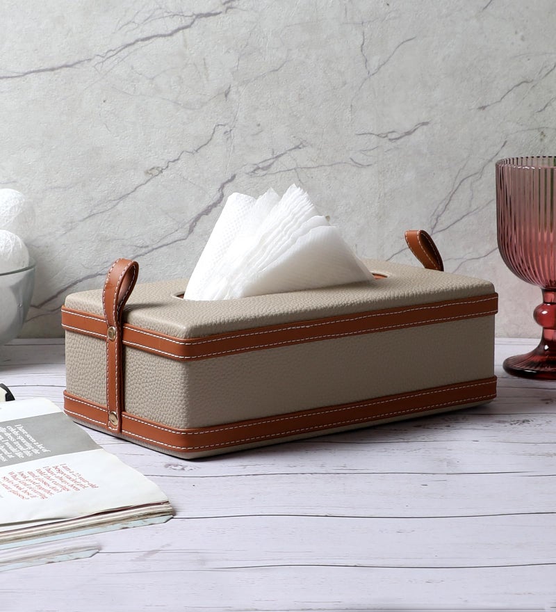 AKWAY Modern Leatherite Tissue Box Cover, Facial Tissue Box Holder, Napkin Dispenser Box for Bathroom, Home, Office and Restaurant (Cream) - Image 2