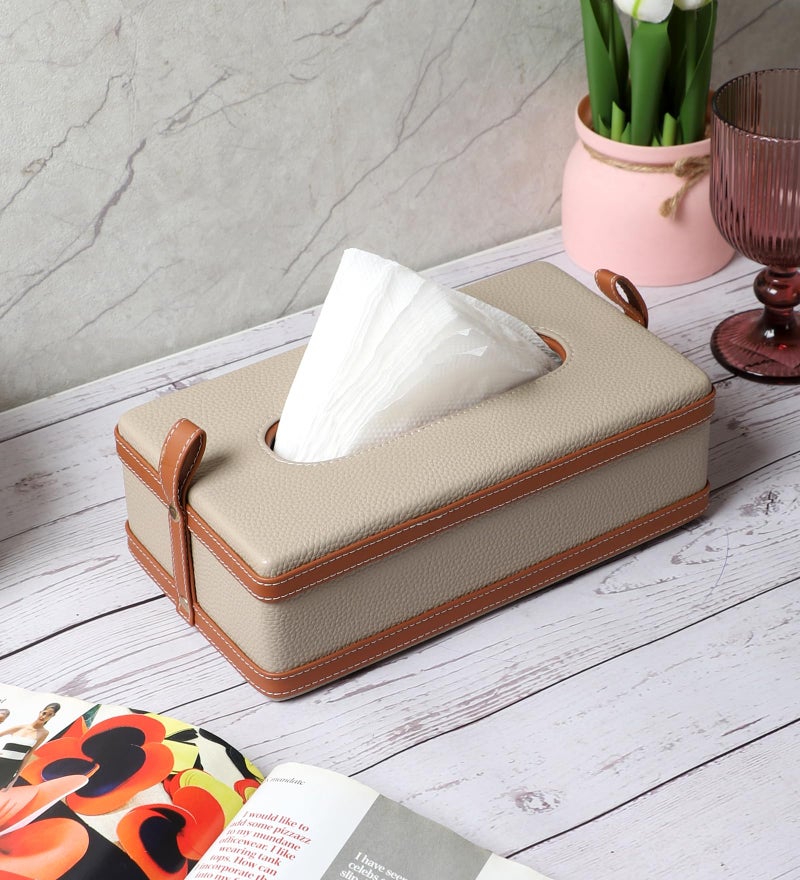 AKWAY Modern Leatherite Tissue Box Cover, Facial Tissue Box Holder, Napkin Dispenser Box for Bathroom, Home, Office and Restaurant (Cream) - Image 3