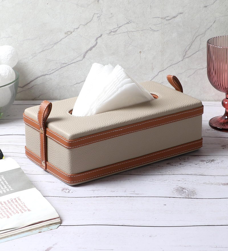 AKWAY Modern Leatherite Tissue Box Cover, Facial Tissue Box Holder, Napkin Dispenser Box for Bathroom, Home, Office and Restaurant (Cream) - Image 1