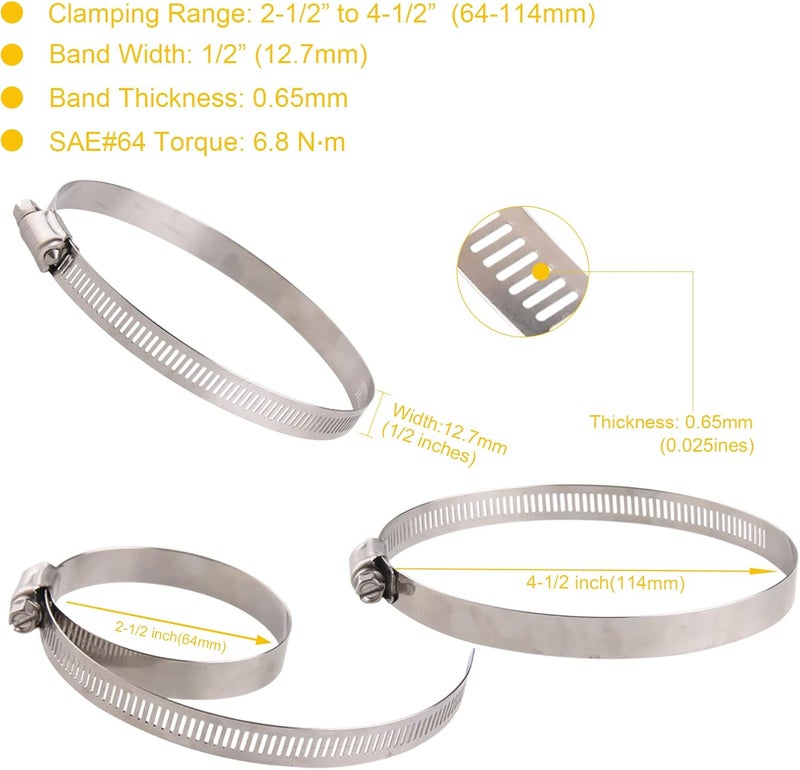 WIN-LONG 3 Inch Stainless Steel Hose Clamps, 8PK SAE 64 4'' Worm Gear Drive Hose Clamps 2 1/2’’-4 1/2’’(64-114mm) for Automotive Plumbing, 2 3/4'', 3'', 3 1/2’’, 3 3/4'' Clamps - Image 3