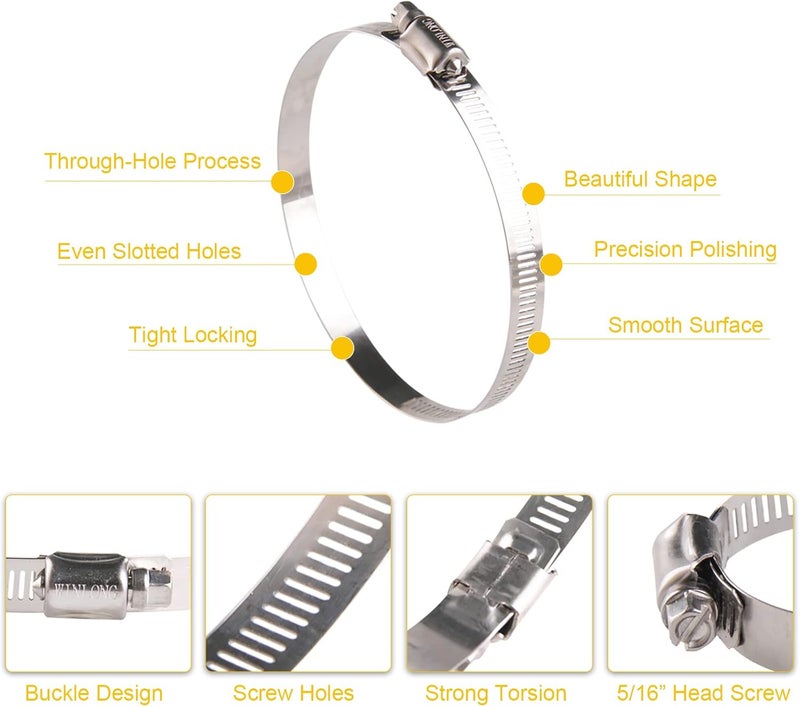 WIN-LONG 3 Inch Stainless Steel Hose Clamps, 8PK SAE 64 4'' Worm Gear Drive Hose Clamps 2 1/2’’-4 1/2’’(64-114mm) for Automotive Plumbing, 2 3/4'', 3'', 3 1/2’’, 3 3/4'' Clamps - Image 4