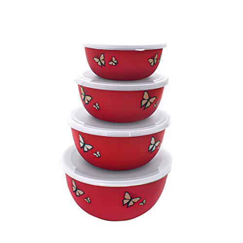 Zaib Microwave_Safe Stainless_Steel Mixing_Bowl (Red) -Sat of 4 (2000ml,1250ml,750ml,500ml,) Butterfly Print - Image 1
