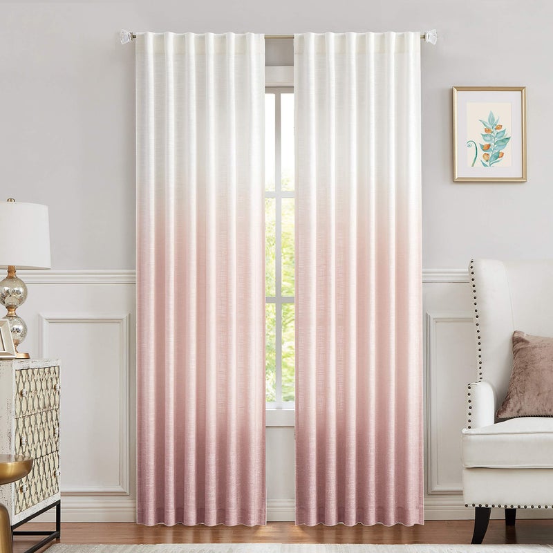 Central Park Ombre Semi Sheer Window Curtain Linen Gradient Print on Rayon Blend Fabric Backtab Rod Pocket Drapery Treatments for Living Room/Bedroom, Cream White to Pink, 50" x 63", Set of 2 - Image 1