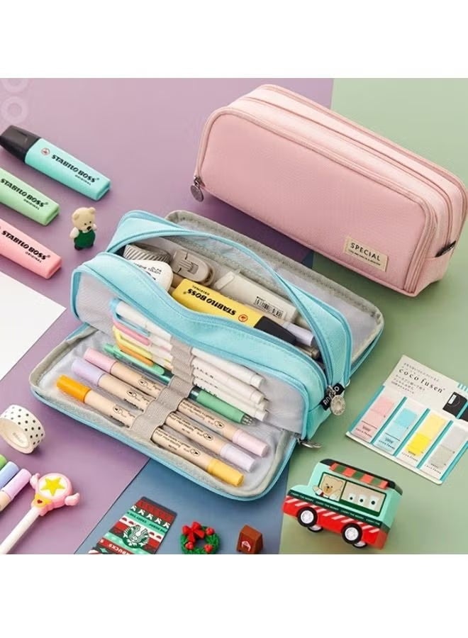 سبيشال مقلمة ذات سعة كبيرة، مقلمة بثلاث حجرات، مناسبة للمراهقين في المدارس، البنات، الأولاد، وحقيبة قرطاسية للنساء، حقيبة تخزين مريحة، حقيبة تخزين للسفر في الهواء الطلق - أزرق - Image 2