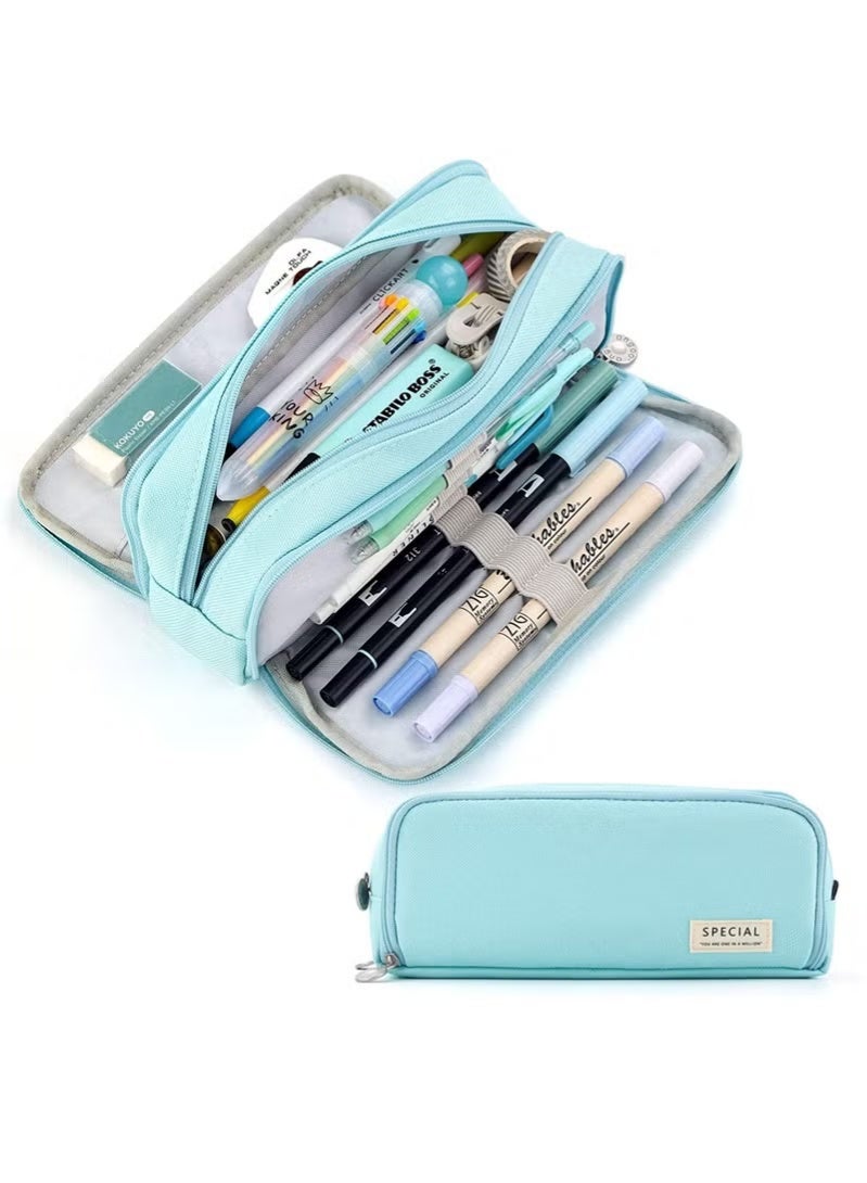 سبيشال مقلمة ذات سعة كبيرة، مقلمة بثلاث حجرات، مناسبة للمراهقين في المدارس، البنات، الأولاد، وحقيبة قرطاسية للنساء، حقيبة تخزين مريحة، حقيبة تخزين للسفر في الهواء الطلق - أزرق - Image 1