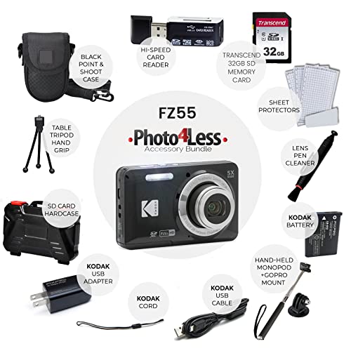 Photo4Less كاميرا Kodak PIXPRO FZ55 الرقمية (أسود) + بطاقة ذاكرة 32 جيجابايت + حقيبة كاميرا نقطة وتصوير + monopod قابل للتمديد + قلم تنظيف العدسة + واقيات شاشة LCD + حامل ثلاثي القوائم للسطح - حزمة نهائية - Image 2