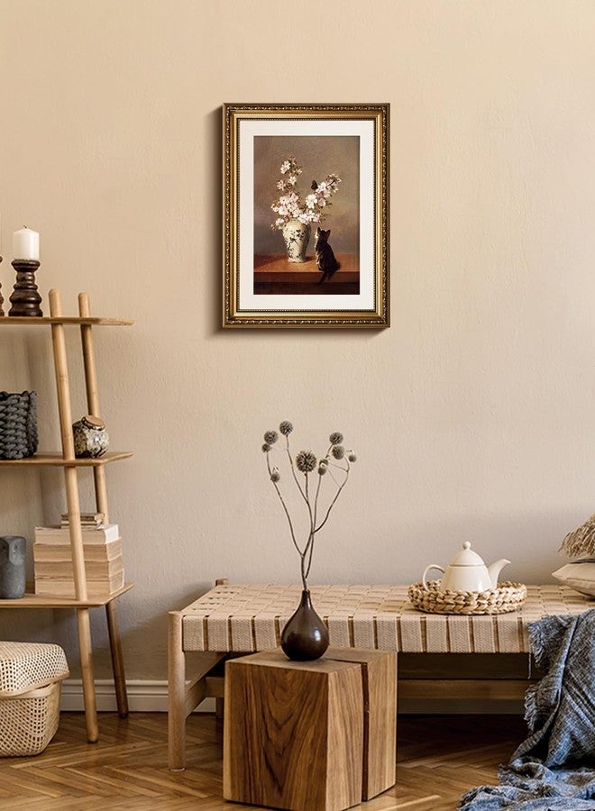 ARPEOTCY Gold Framed Canvas Wall Art, Cat and Cherry Blossom Still Life Art Prints, Vintage Classic Decor for Bedroom Living Room Kitchen Hallway Entryway, Retro Floral Country Decor, 13x16 Inch - Image 3