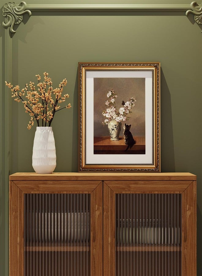 ARPEOTCY Gold Framed Canvas Wall Art, Cat and Cherry Blossom Still Life Art Prints, Vintage Classic Decor for Bedroom Living Room Kitchen Hallway Entryway, Retro Floral Country Decor, 13x16 Inch - Image 2