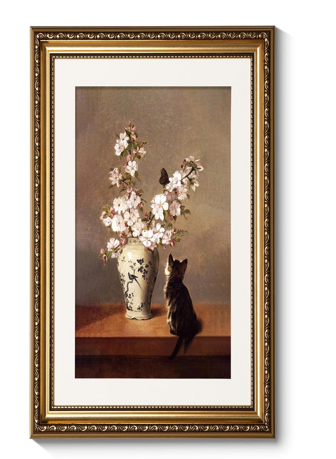 ARPEOTCY Gold Framed Canvas Wall Art, Cat and Cherry Blossom Still Life Art Prints, Vintage Classic Decor for Bedroom Living Room Kitchen Hallway Entryway, Retro Floral Country Decor, 13x16 Inch - Image 1