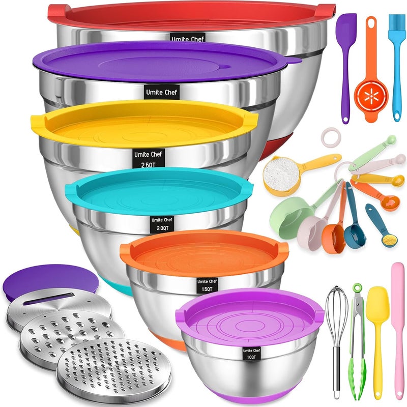 Umite Chef Mixing Bowls with Airtight Lids 26Pcs Stainless Steel Bowls Set 3 Grater Attachments  Colorful NonSlip Bottoms Size 7 4 25 2015 1QT Great for Mixing  Serving - Image 1