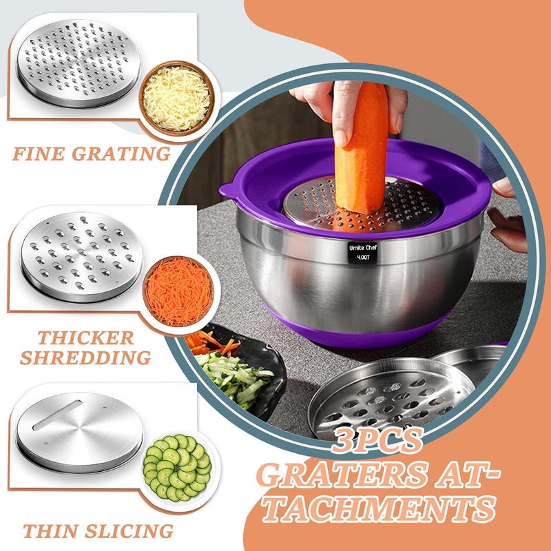 Umite Chef Mixing Bowls with Airtight Lids 26Pcs Stainless Steel Bowls Set 3 Grater Attachments  Colorful NonSlip Bottoms Size 7 4 25 2015 1QT Great for Mixing  Serving - Image 3