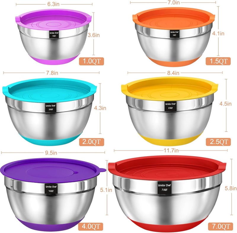 Umite Chef Mixing Bowls with Airtight Lids 26Pcs Stainless Steel Bowls Set 3 Grater Attachments  Colorful NonSlip Bottoms Size 7 4 25 2015 1QT Great for Mixing  Serving - Image 4