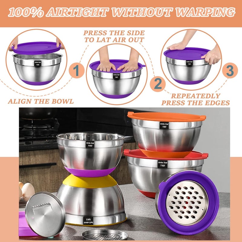 Umite Chef Mixing Bowls with Airtight Lids 26Pcs Stainless Steel Bowls Set 3 Grater Attachments  Colorful NonSlip Bottoms Size 7 4 25 2015 1QT Great for Mixing  Serving - Image 2