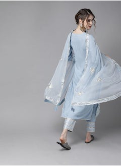 ISHIN Blue Kurta Set Straight Fit 3/4 Sleeve Sleeve made from Poly Silk featuring Self Design design and Round Neck neckline - Perfect for Ethinic!  - Image 5