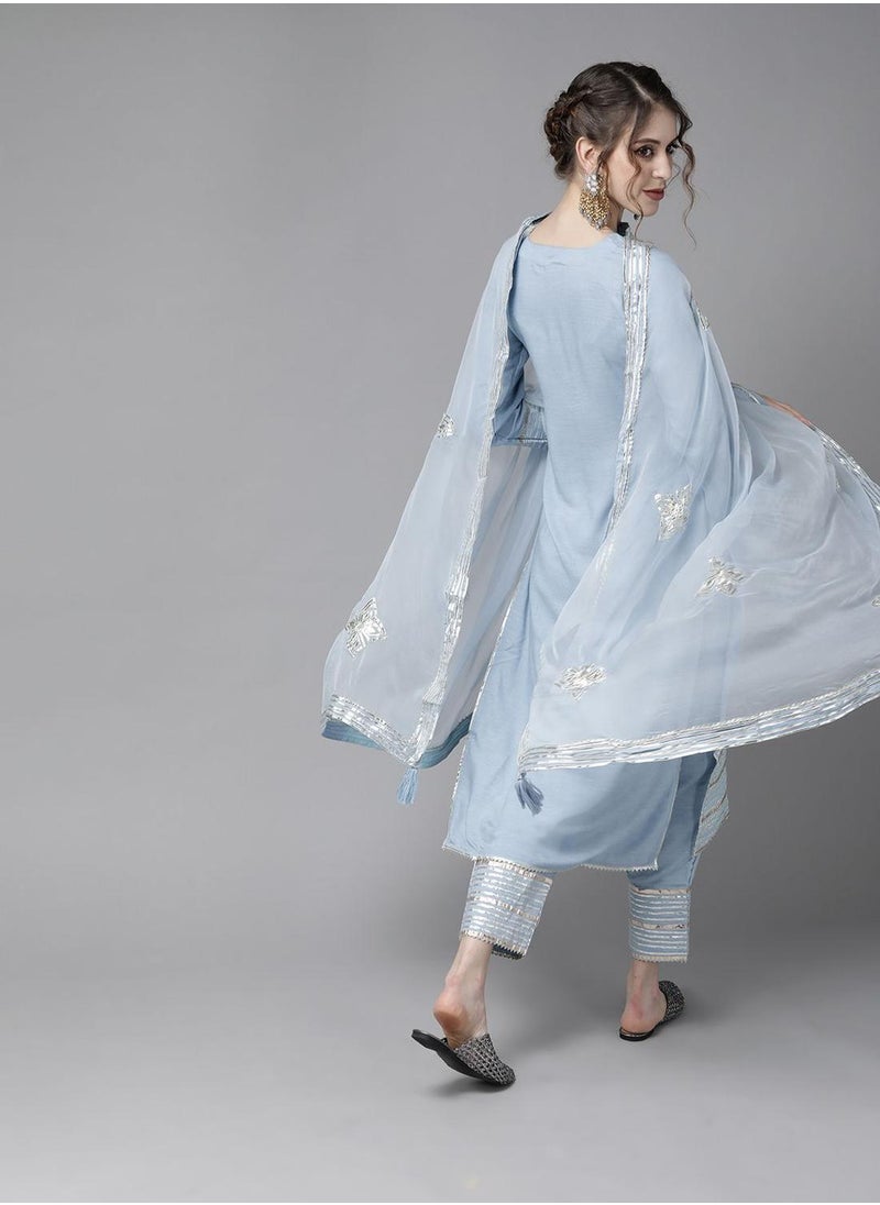 ISHIN - Blue Kurta Set Straight Fit 3/4 Sleeve Sleeve made from Poly Silk featuring Self Design design and Round Neck neckline - Perfect for Ethinic! - Image 1