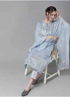 ISHIN Blue Kurta Set Straight Fit 3/4 Sleeve Sleeve made from Poly Silk featuring Self Design design and Round Neck neckline - Perfect for Ethinic!  - Image 1