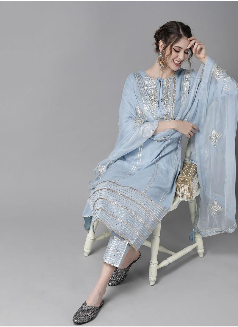 ISHIN - Blue Kurta Set Straight Fit 3/4 Sleeve Sleeve made from Poly Silk featuring Self Design design and Round Neck neckline - Perfect for Ethinic! - Image 1