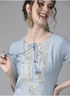 ISHIN Blue Kurta Set Straight Fit 3/4 Sleeve Sleeve made from Poly Silk featuring Self Design design and Round Neck neckline - Perfect for Ethinic!  - Image 3
