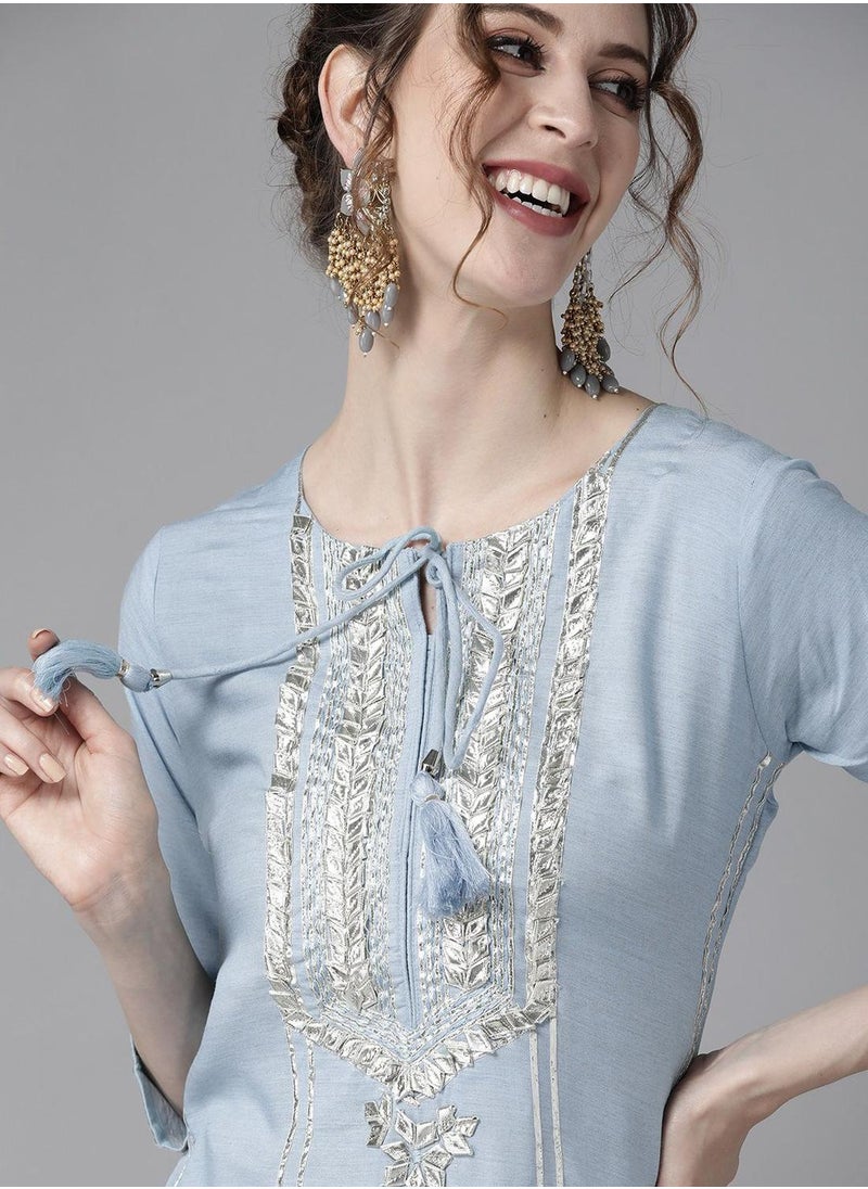 ISHIN - Blue Kurta Set Straight Fit 3/4 Sleeve Sleeve made from Poly Silk featuring Self Design design and Round Neck neckline - Perfect for Ethinic! - Image 1