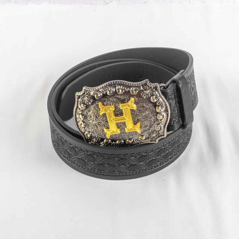 حزام وسط جلد أسود للجنسين حرف H