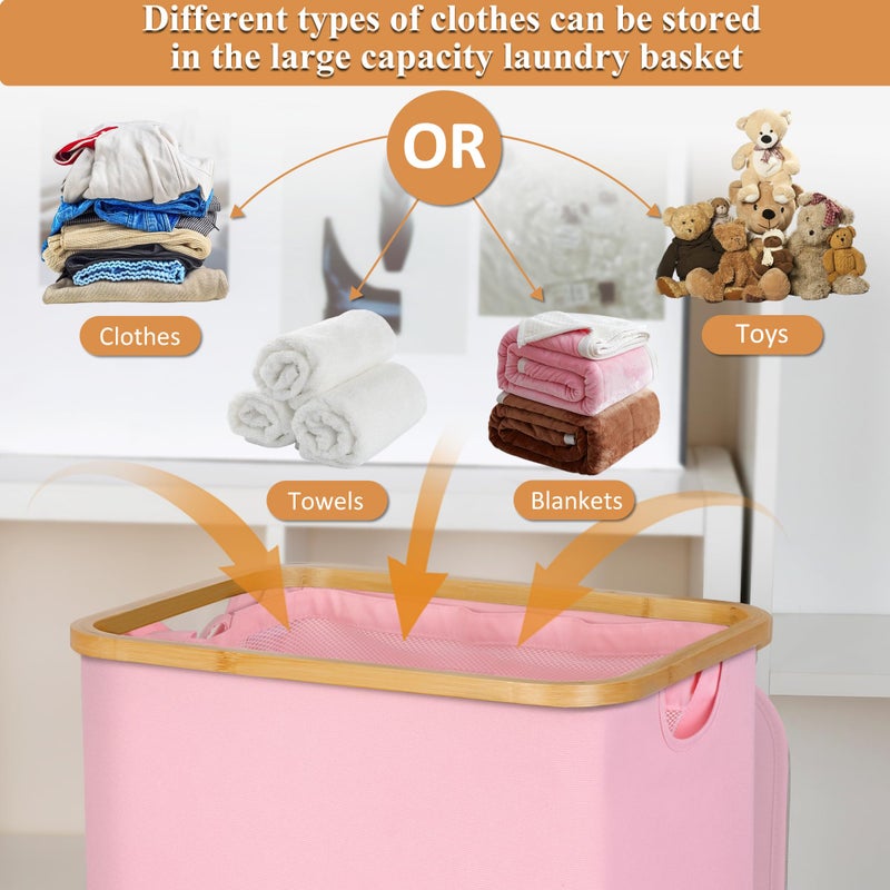 iEGrow Laundry Hamper with Lid, 110L Large Laundry Basket with Handle and Lid, Collapsible Clothes Basket Organizer with Removable Inner Bag for Clothes Toys Towels,Pink - Image 4