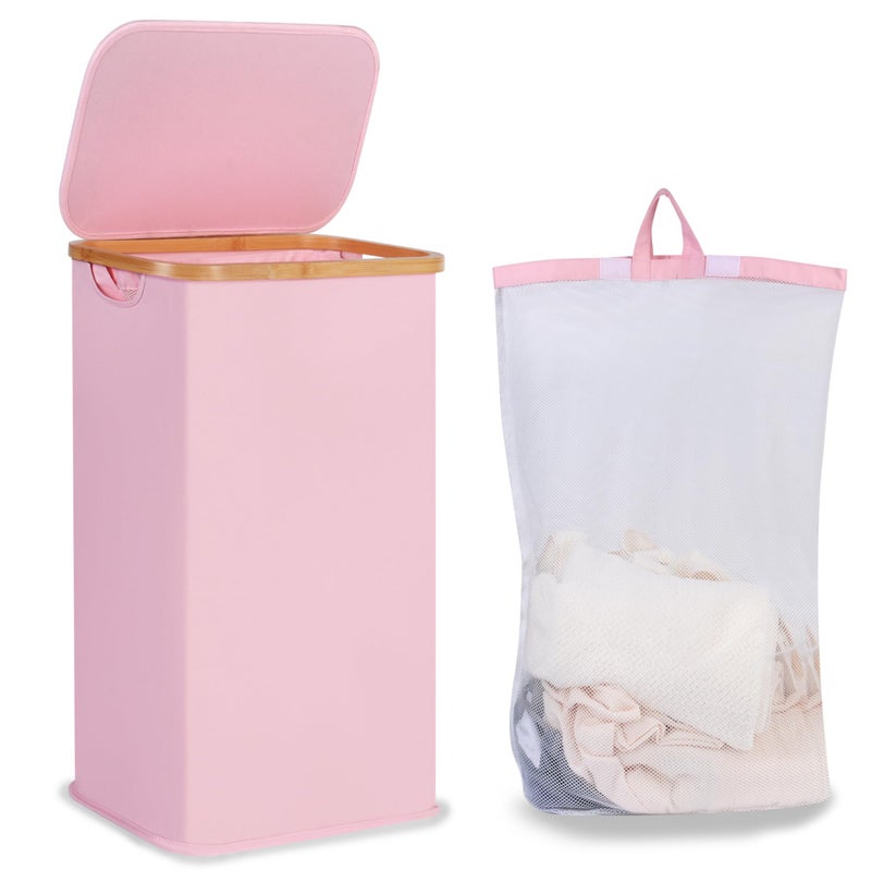 iEGrow Laundry Hamper with Lid, 110L Large Laundry Basket with Handle and Lid, Collapsible Clothes Basket Organizer with Removable Inner Bag for Clothes Toys Towels,Pink - Image 1