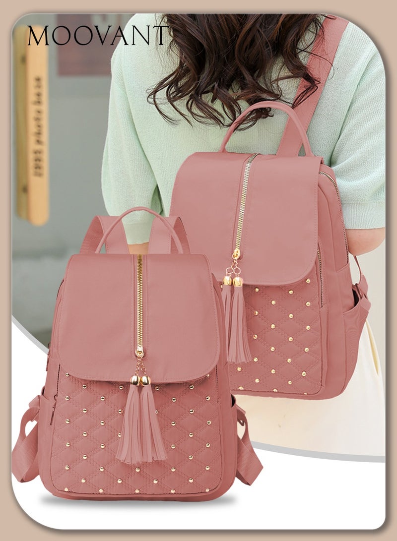Moovant Fashion Beads Tassel Decor Flap Textured Backpack for Women Leisure Soft PU Leather Large Schoolbag Soild Travel New Double Shoulder Bag All Match for College Girls Students  - Image 1