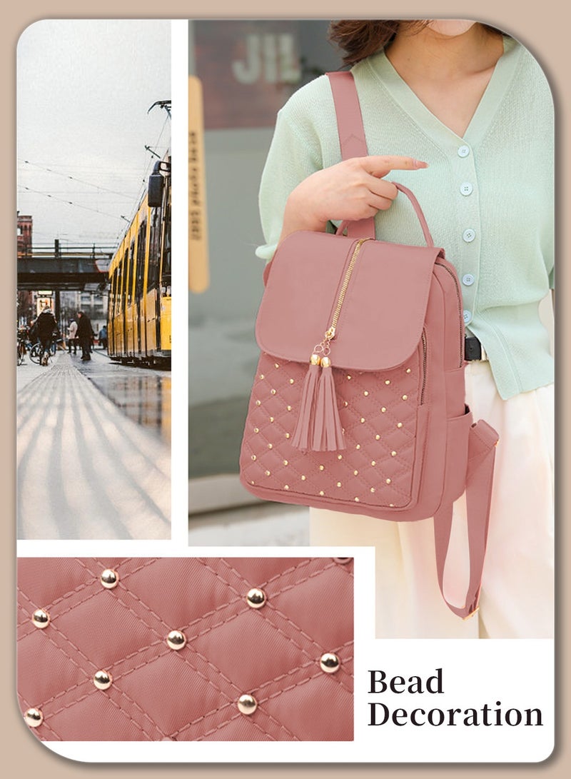 Moovant Fashion Beads Tassel Decor Flap Textured Backpack for Women Leisure Soft PU Leather Large Schoolbag Soild Travel New Double Shoulder Bag All Match for College Girls Students  - Image 2