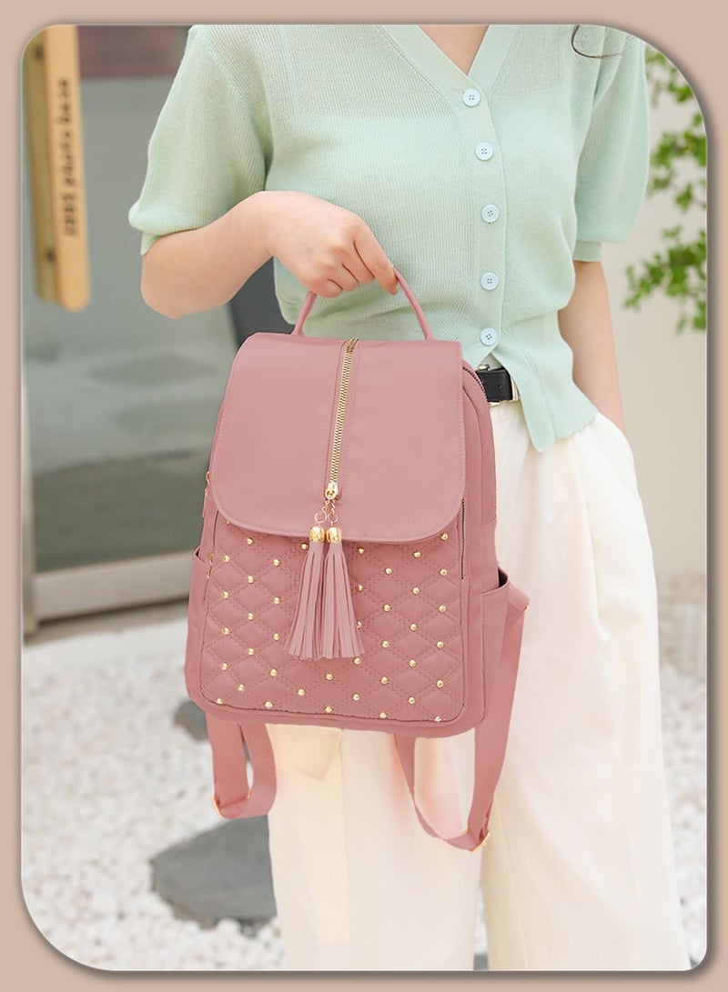 Moovant Fashion Beads Tassel Decor Flap Textured Backpack for Women Leisure Soft PU Leather Large Schoolbag Soild Travel New Double Shoulder Bag All Match for College Girls Students  - Image 3