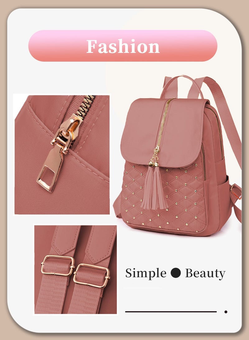 Moovant Fashion Beads Tassel Decor Flap Textured Backpack for Women Leisure Soft PU Leather Large Schoolbag Soild Travel New Double Shoulder Bag All Match for College Girls Students  - Image 4