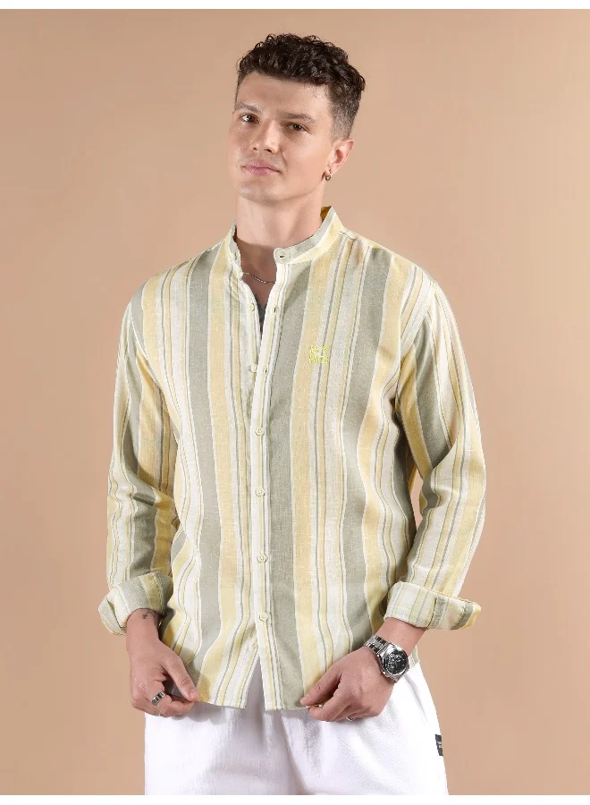 Beyoung Yellow And Grey Stripe Mandarin Collar Shirt