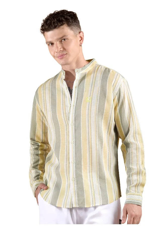 Beyoung Yellow And Grey Stripe Mandarin Collar Shirt