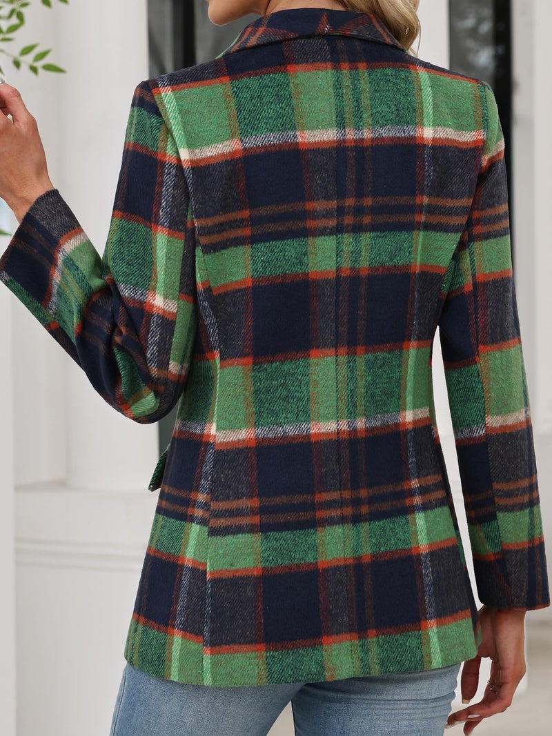 ELLEVEN Womens Casual Plaid Blazer Shawl Collar Long Sleeve Boyfriend Blazer Suit Houndstooth Plaid Blazer Dressy Coat Jacket Business Work Office Blazer Suits Blue Green Plaid Large - Image 2