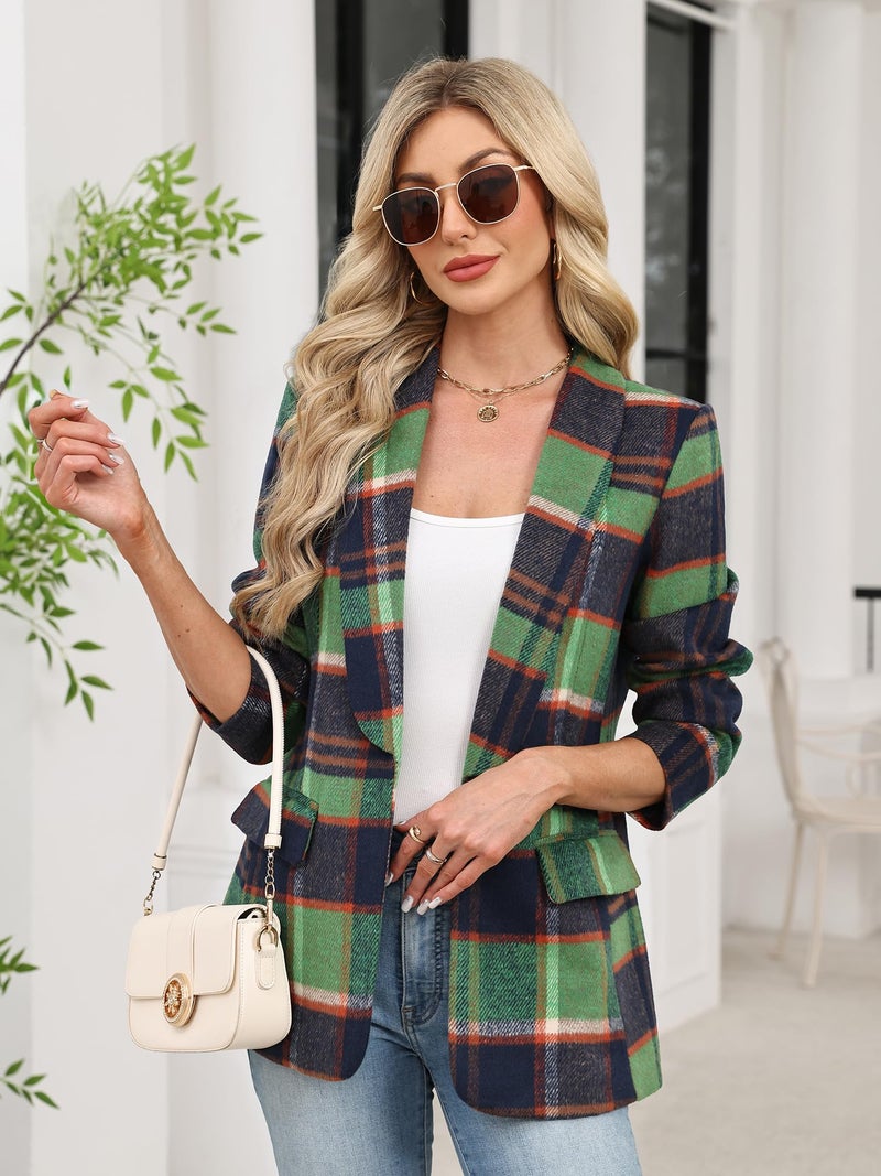ELLEVEN Womens Casual Plaid Blazer Shawl Collar Long Sleeve Boyfriend Blazer Suit Houndstooth Plaid Blazer Dressy Coat Jacket Business Work Office Blazer Suits Blue Green Plaid Large - Image 4