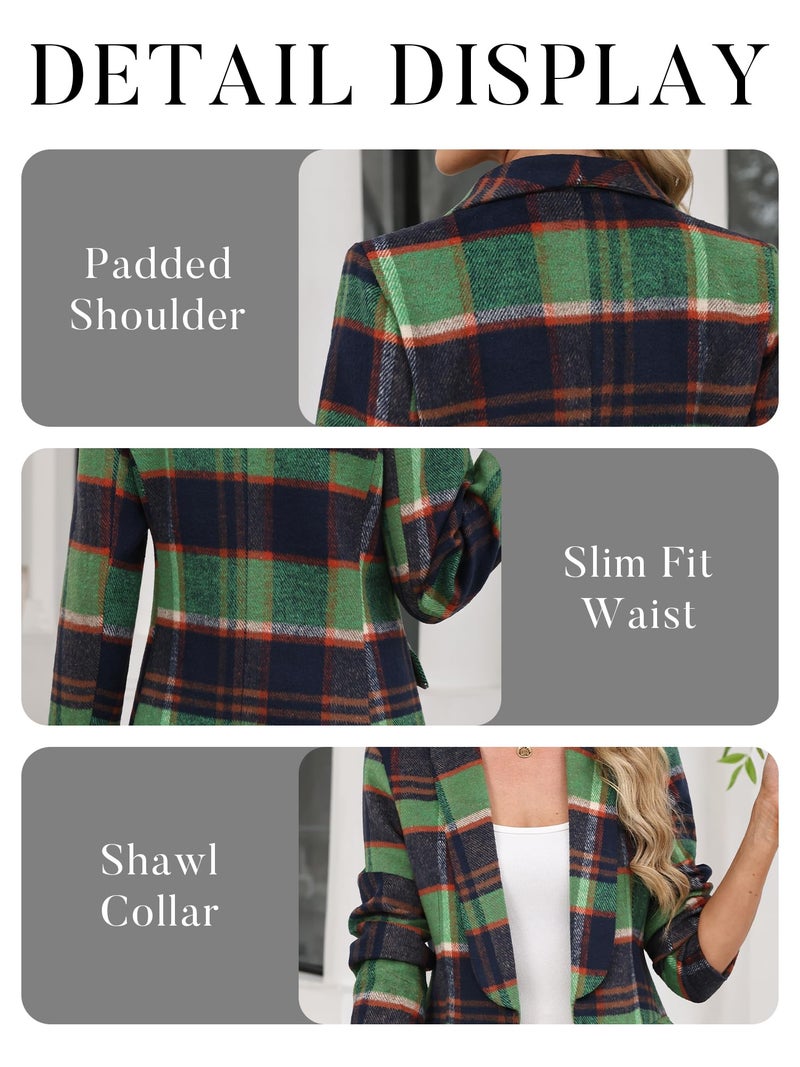 ELLEVEN Womens Casual Plaid Blazer Shawl Collar Long Sleeve Boyfriend Blazer Suit Houndstooth Plaid Blazer Dressy Coat Jacket Business Work Office Blazer Suits Blue Green Plaid Large - Image 5
