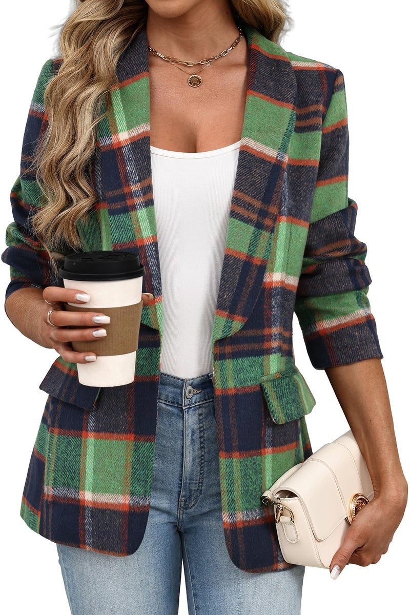 ELLEVEN Womens Casual Plaid Blazer Shawl Collar Long Sleeve Boyfriend Blazer Suit Houndstooth Plaid Blazer Dressy Coat Jacket Business Work Office Blazer Suits Blue Green Plaid Large - Image 1
