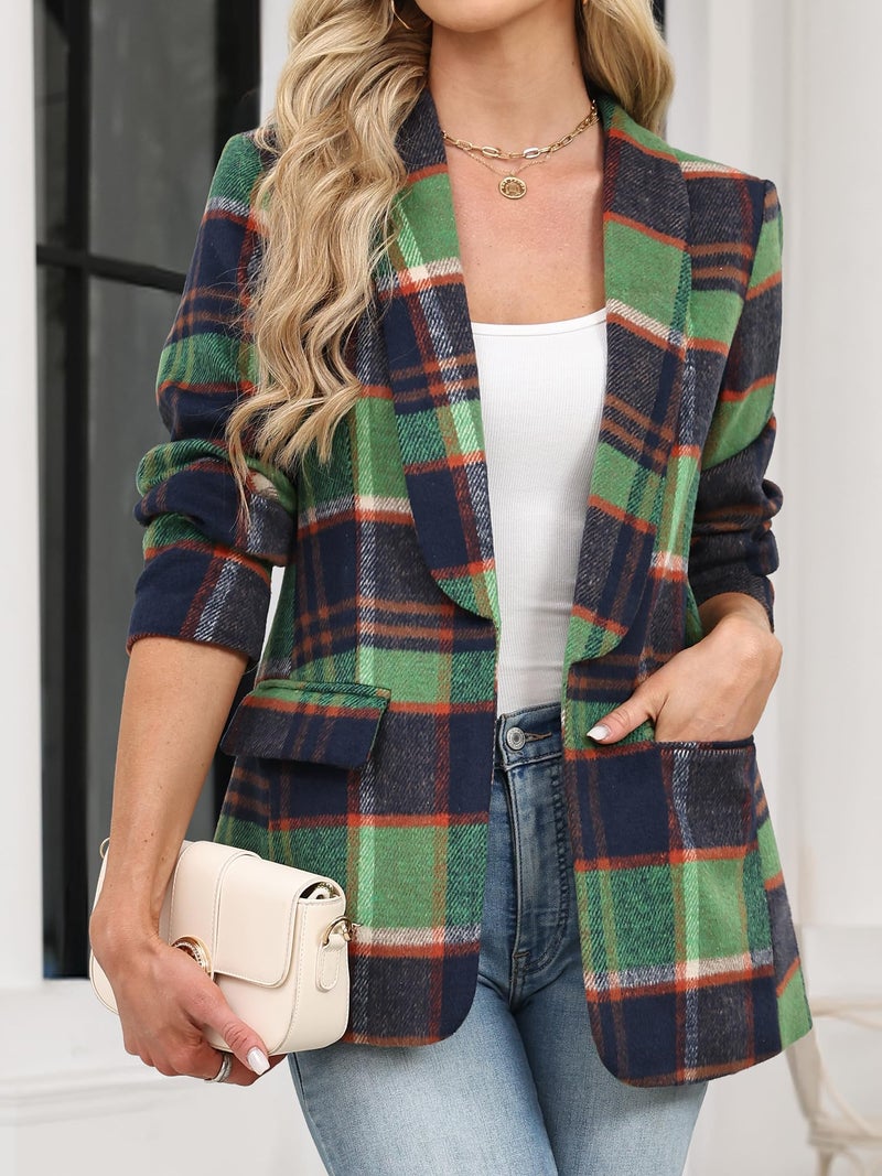 ELLEVEN Womens Casual Plaid Blazer Shawl Collar Long Sleeve Boyfriend Blazer Suit Houndstooth Plaid Blazer Dressy Coat Jacket Business Work Office Blazer Suits Blue Green Plaid Large - Image 3