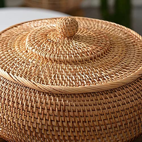 KODENG Round Rattan Boxes with Lid Hand-Woven Multi-Purpose Wicker Tray 11 Inch Picnic Food Bread Table Storage Basket (28x13cm) - Image 4