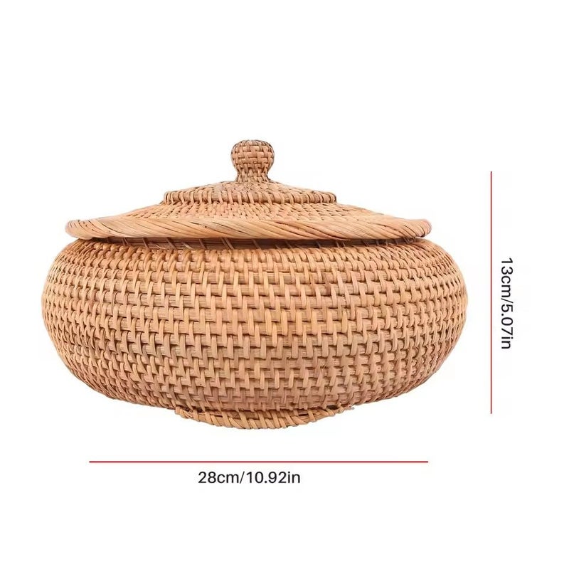 KODENG Round Rattan Boxes with Lid Hand-Woven Multi-Purpose Wicker Tray 11 Inch Picnic Food Bread Table Storage Basket (28x13cm) - Image 5