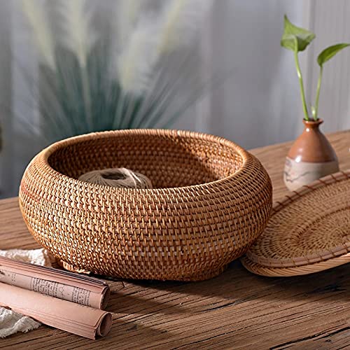KODENG Round Rattan Boxes with Lid Hand-Woven Multi-Purpose Wicker Tray 11 Inch Picnic Food Bread Table Storage Basket (28x13cm) - Image 2