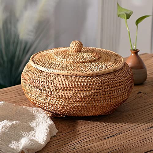 KODENG Round Rattan Boxes with Lid Hand-Woven Multi-Purpose Wicker Tray 11 Inch Picnic Food Bread Table Storage Basket (28x13cm) - Image 3