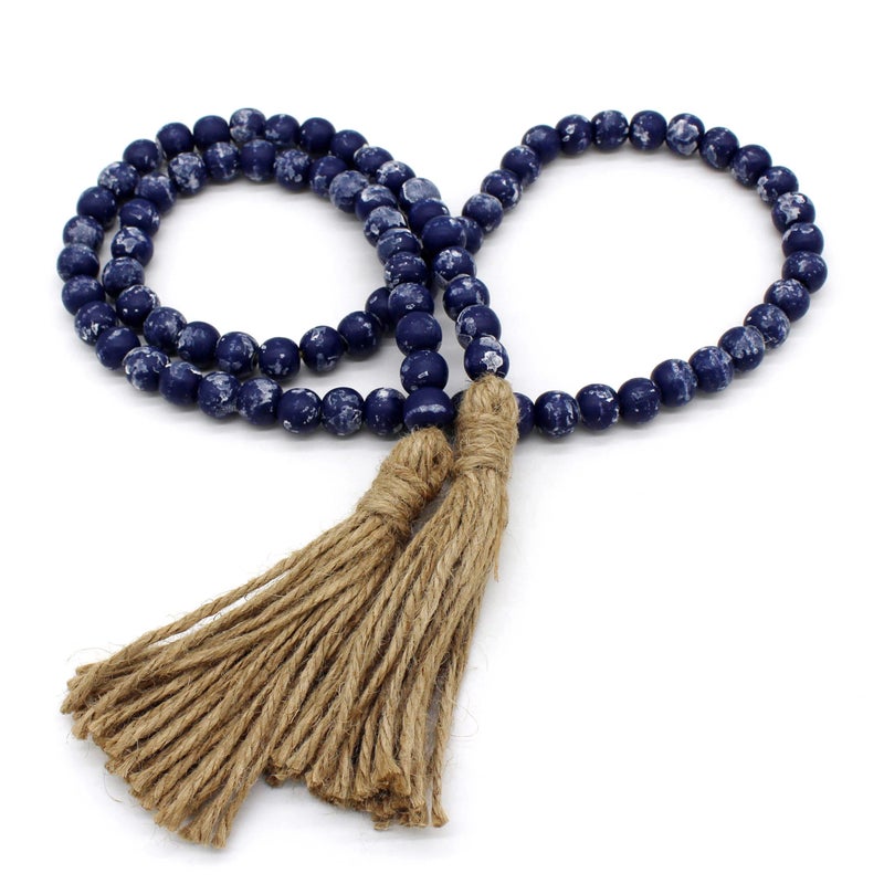 CVHOMEDECO. CVHOMEDECO Wood Beads Garland with Tassels Farmhouse Rustic Wooden Prayer Bead String Wall Hanging Accent for Home Festival Decor Navy Blue Stained 