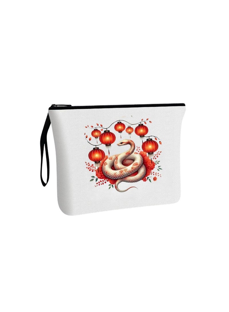PRINTSHOP4ME China Style Cosmetic Bag – Elegant Travel Makeup Pouch with Snake & Lantern Design – Eco-Friendly Reusable Toiletry Organizer for Women (White) - Image 1
