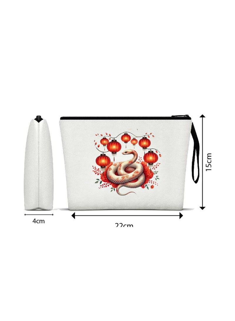 PRINTSHOP4ME China Style Cosmetic Bag – Elegant Travel Makeup Pouch with Snake & Lantern Design – Eco-Friendly Reusable Toiletry Organizer for Women (White) - Image 2