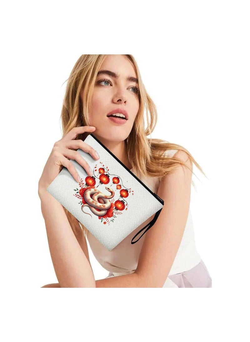 PRINTSHOP4ME China Style Cosmetic Bag – Elegant Travel Makeup Pouch with Snake & Lantern Design – Eco-Friendly Reusable Toiletry Organizer for Women (White) - Image 3