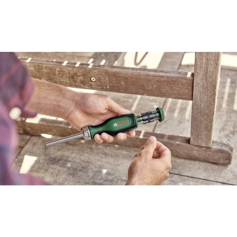 BOSCH Ratchet Screwdriver | Smooth Ratchet Mechanism for Continuous Rotation | 12 Interchangeable Bits in Magazine | Ergonomic Non-Slip Handle for Comfort | Quick Bit Storage for Easy Access - Image 2