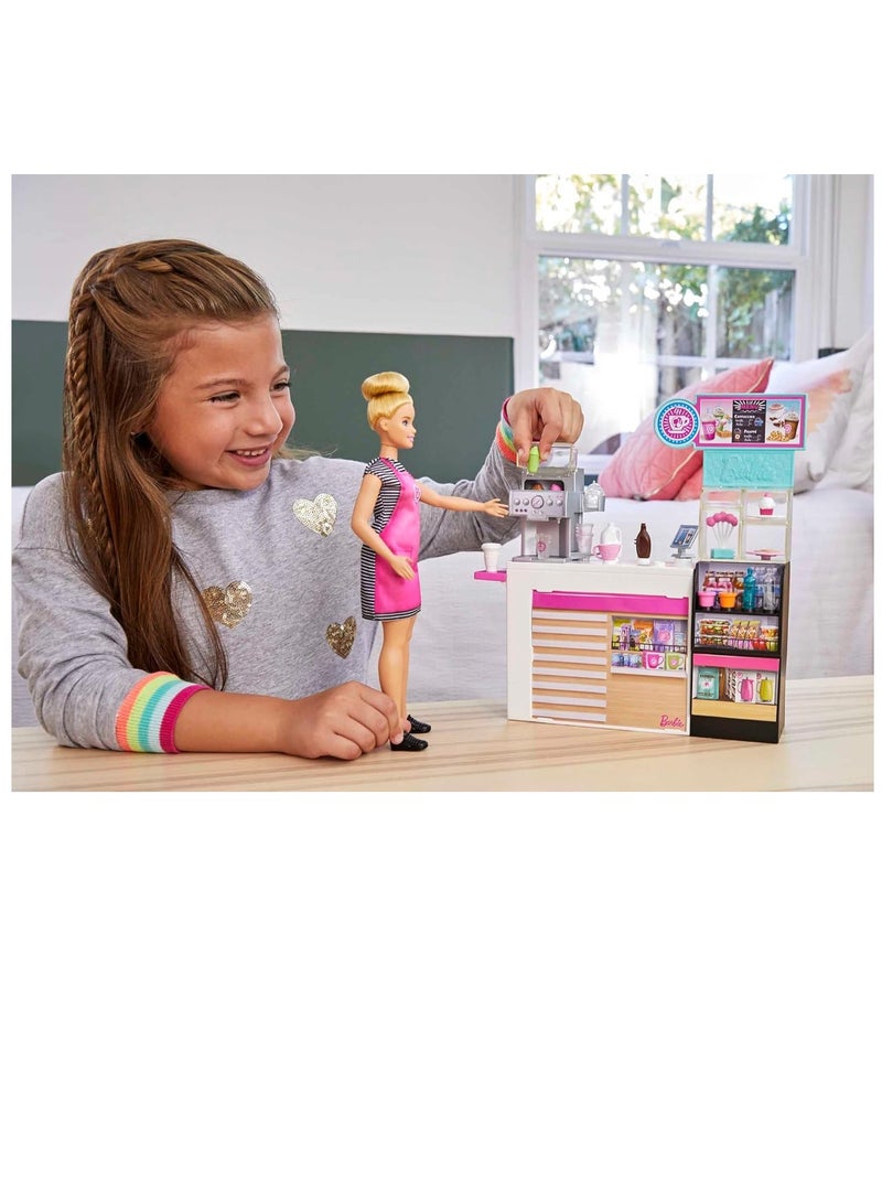 باربي مقهى مع دمية شقراء متعرجة مقاس 12 بوصة/30.40 سم وأكثر من 20 قطعة لعب واقعية - Image 2