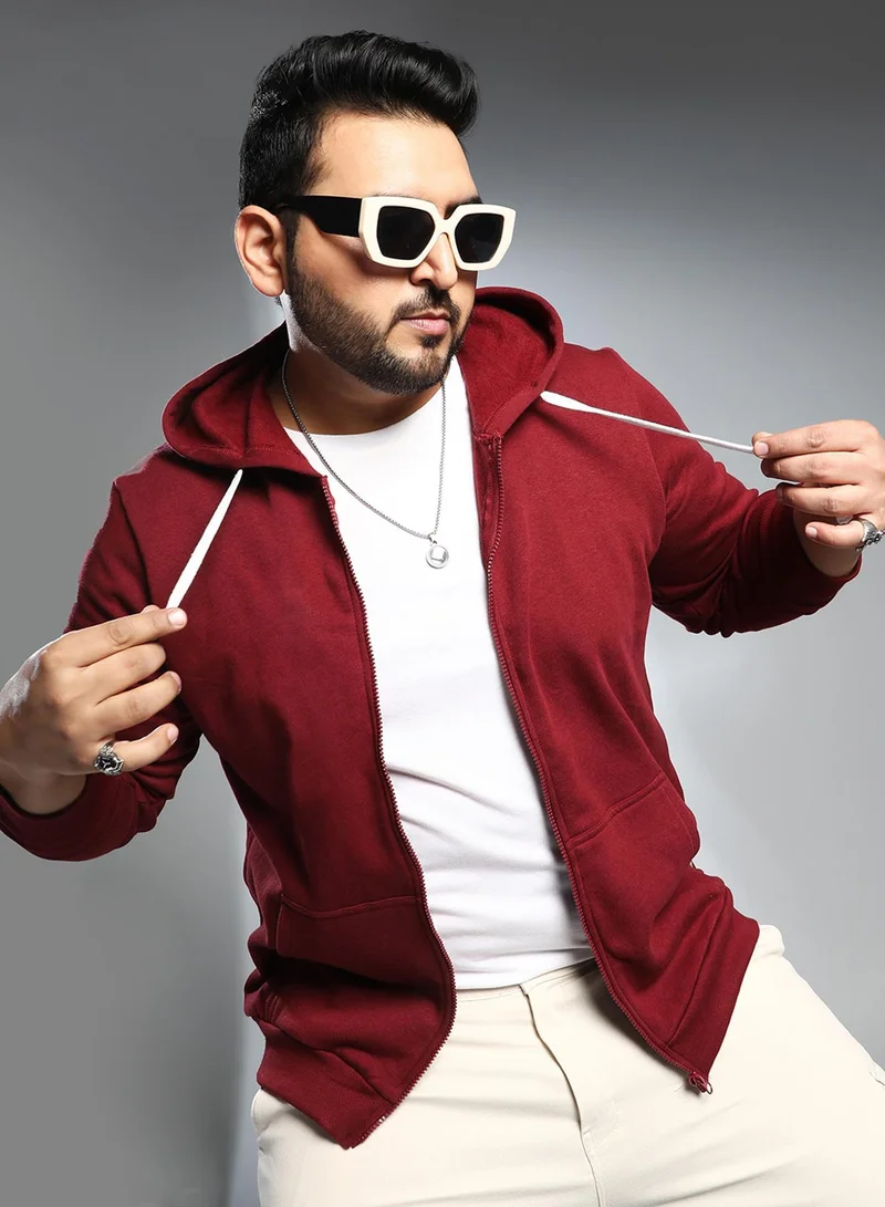 انستافاب بلس هودي رجالي أحمر خمري سادة بسحاب أمامي للاستخدام اليومي