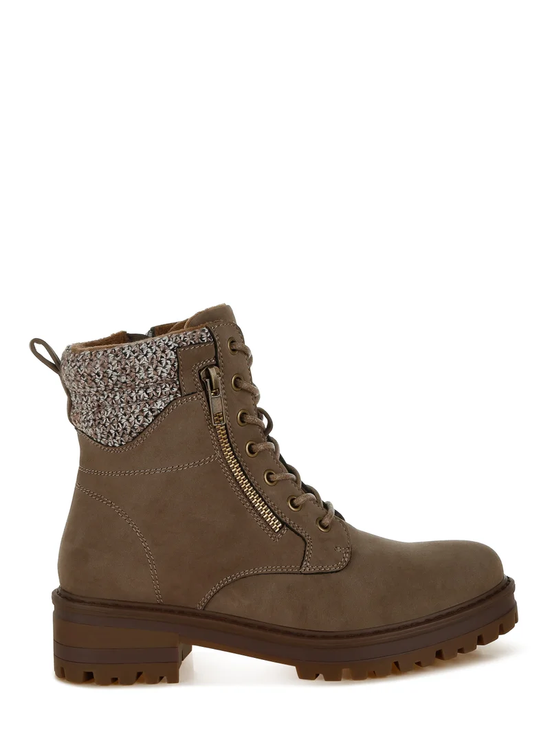 London Rag Women's Knitted Collar Zip-Up Hiker Boots in Taupe